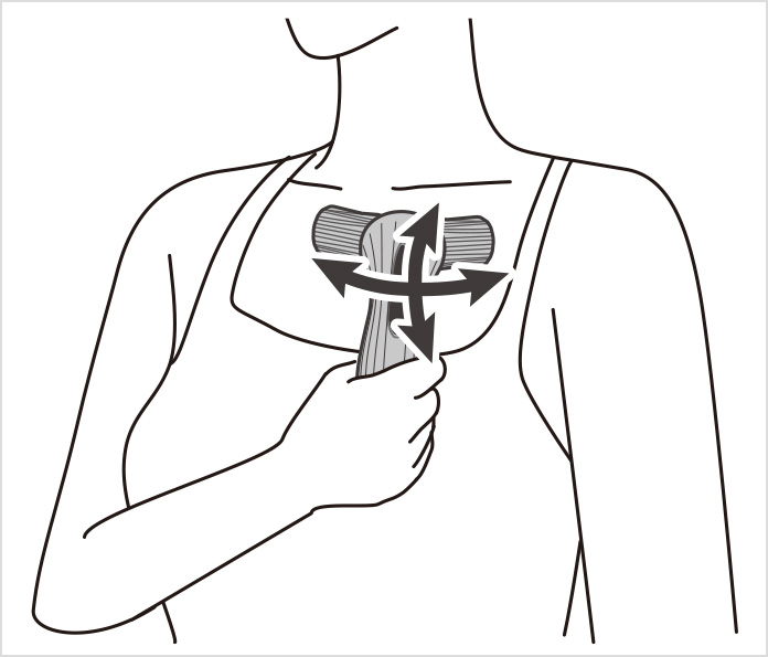 在锁骨下方与胸部之间上下滚动,从腋下朝胸部中央进行左右滚动.