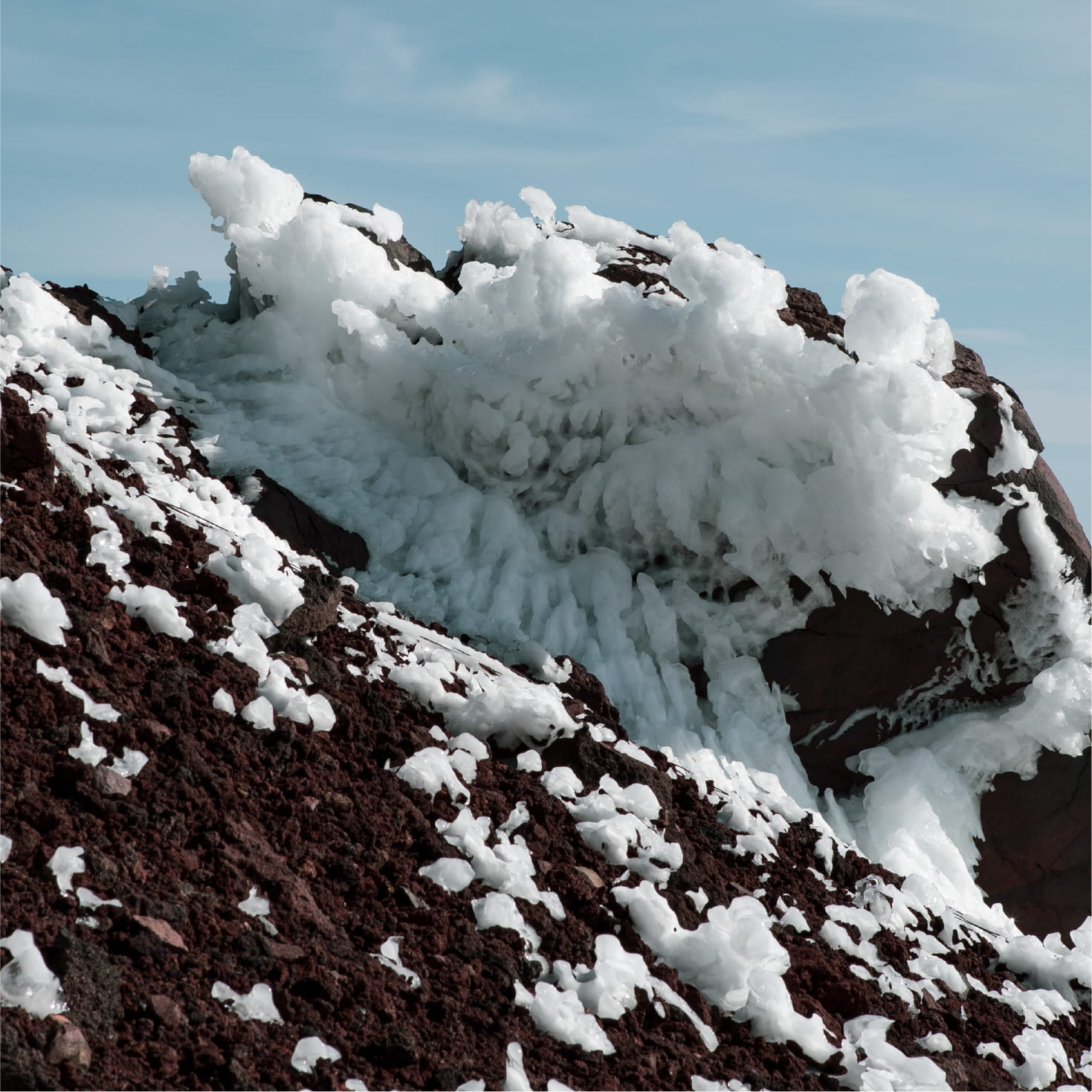 ごつごつとした黒褐色の岩肌に、白い氷や霜が密集して付着している
